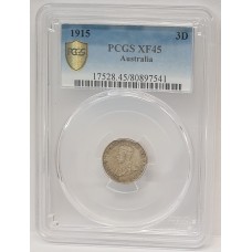 AUSTRALIA 1915 . THREEPENCE . KEY DATE . PCGS XF45 AUSTRALIA 1915 . THREEPENCE . KEY DATE . PCGS XF45